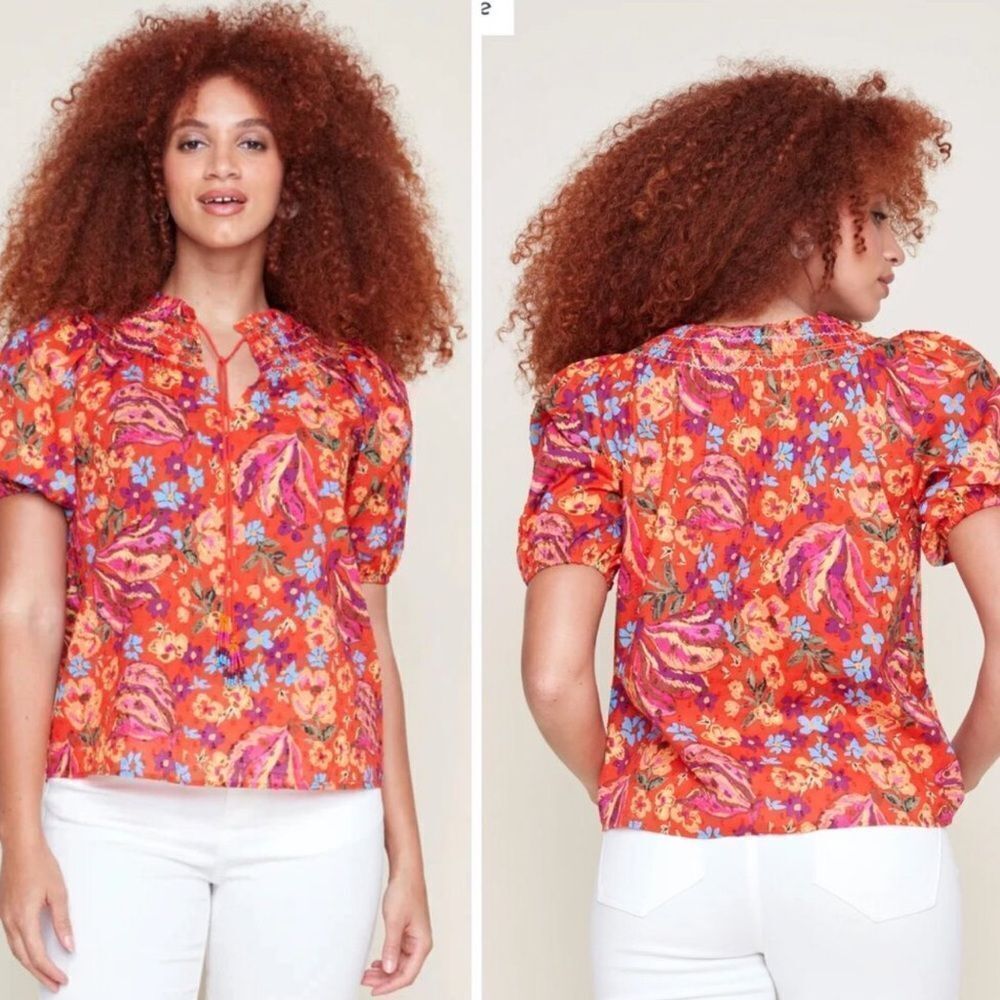 RACHEL Rachel Roy Red Floral Boho Blouse Small 100% Cotton